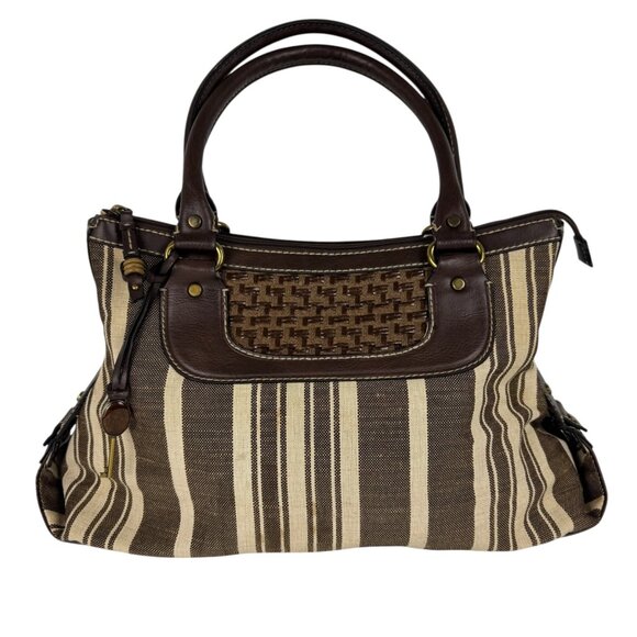 Fossil Tan Brown Tote Bag Canvas Basket Weave Striped Faux Leather Y2K EUC - Picture 1 of 16